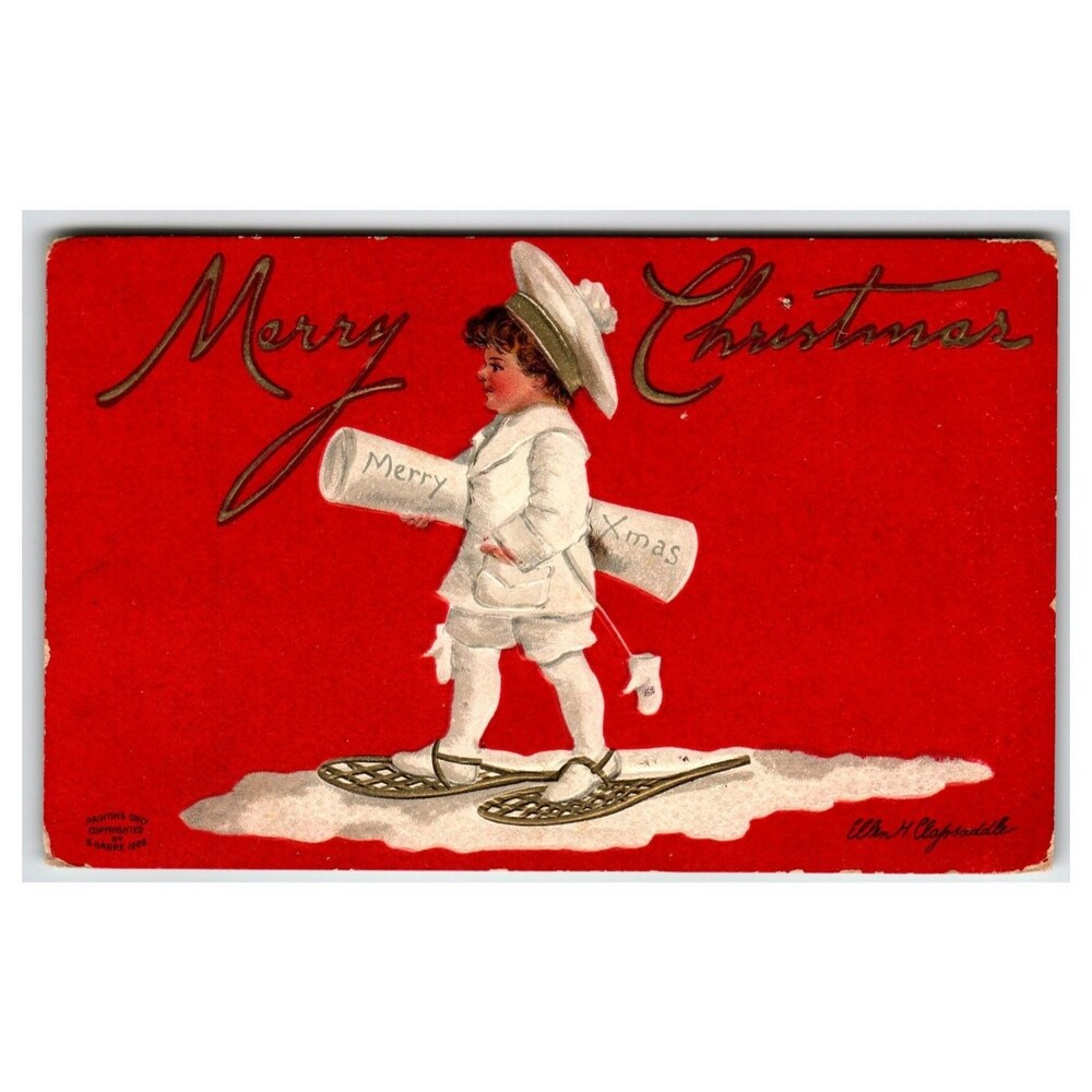 Ellen Clapsaddle 1909 Christmas Postcard Child Snowshoes Merry Xmas Scrolls